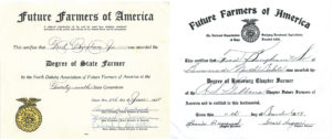 Fred Bingham Senior and Junior's North Dakota State Star Farmer and North Dakota Degree of Honorary Farmer certificates.