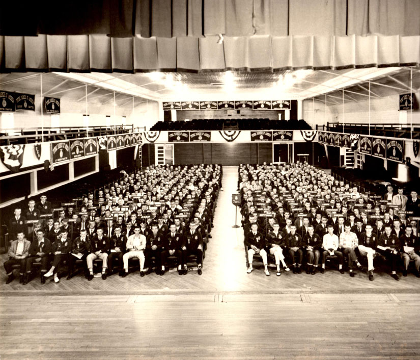 Black and white photo of the 1958 North Dakota FFA State Convention at Festival Hall on NDSU’s campus, showing hundreds of FFA members in attendance.